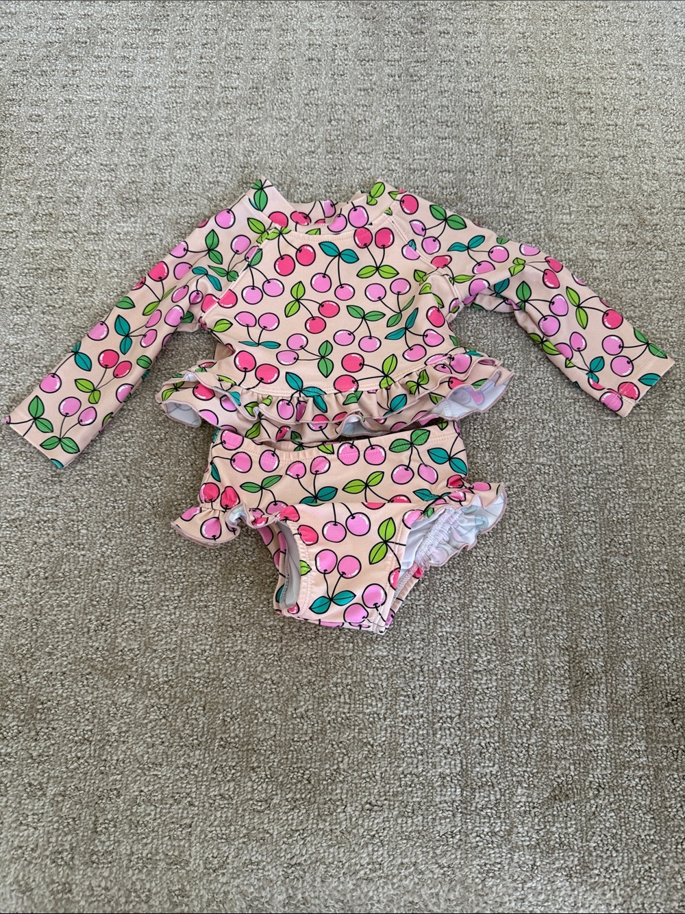 Posh Peanut Summer Cherry Long Sleeve Rash Guard Ruffled Bathing Suit